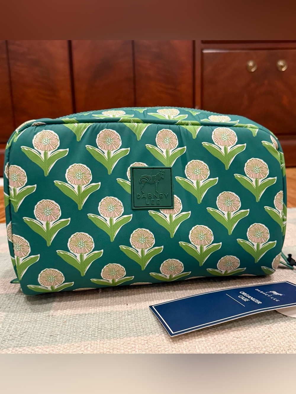 Dabney Lee Teal Cosmetic Pouch with Pink Floral Print